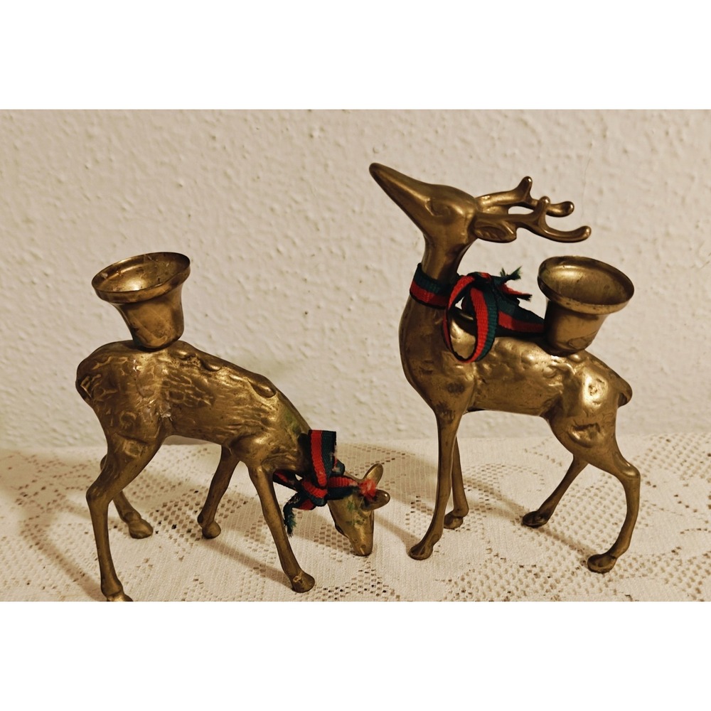 Vintage  Small Brass  Deer Figurine Candle Holder Decor  Set of 2